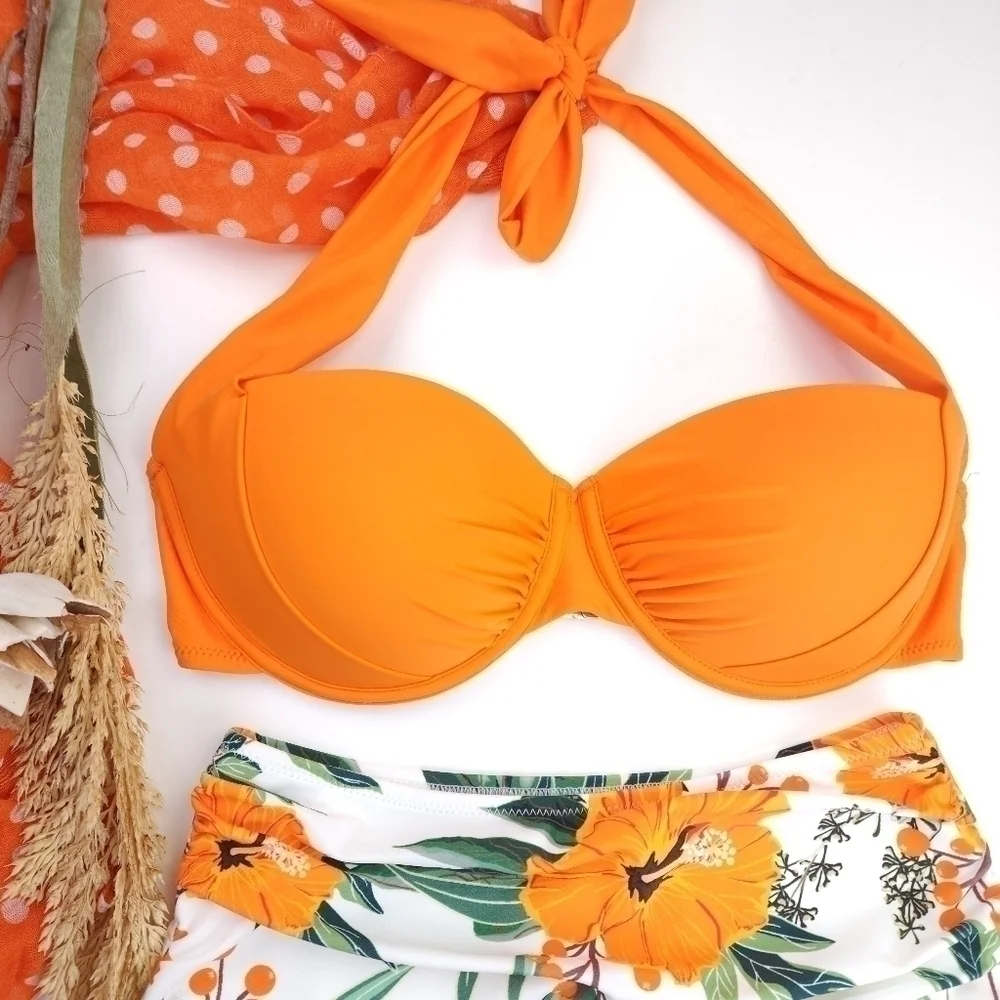 New Orange Floral 2pc Swimsuit Sz XS / S - Picture 5 of 16